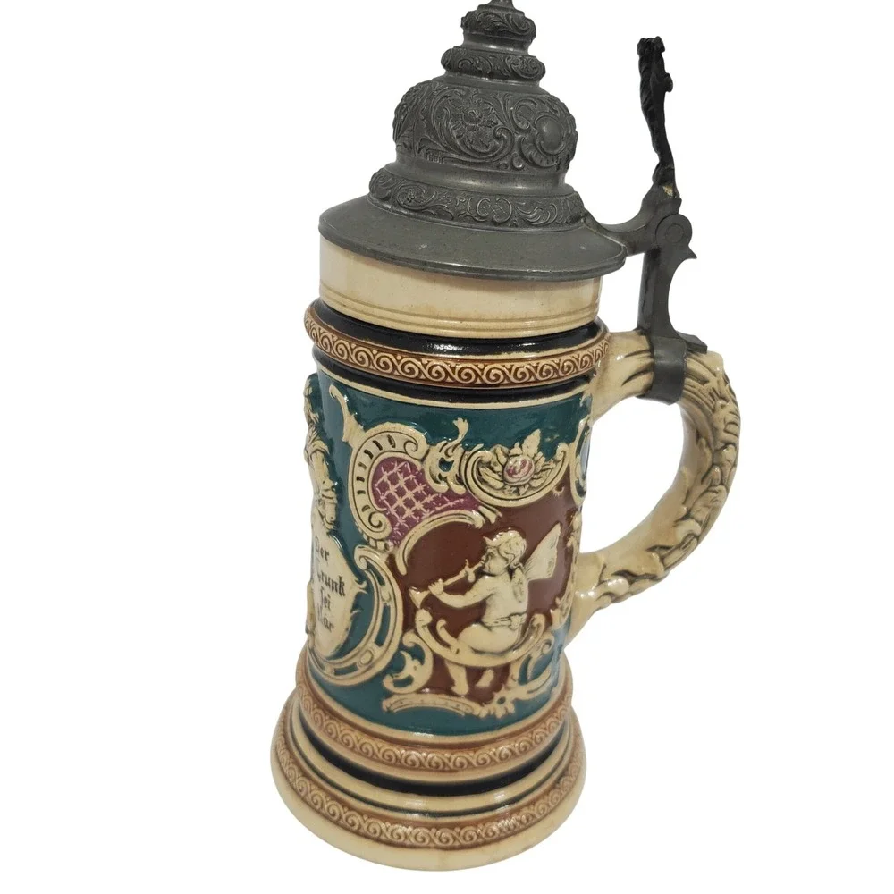 Vintage German Beer Stein Relief Ceramic Pewter Lid 364